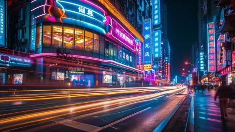 城市夜色燈光璀璨，車水馬龍的街頭景色