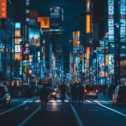 城市夜色燈光璀璨，車水馬龍的街頭景色