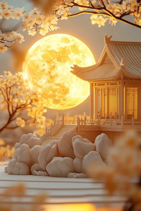 中秋夜，月亮像明珠一樣閃耀照亮了整個世界。