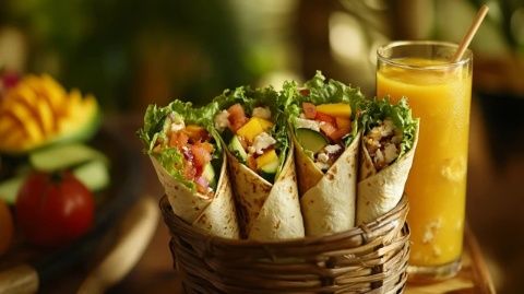山藥紫薯奶酪餅、椒鹽大蝦、蔬菜飯團、奶香玉米汁
