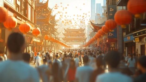 標題上海碳水一條街，大街上密密麻麻的人群，熱鬧非凡，生意非常火爆
