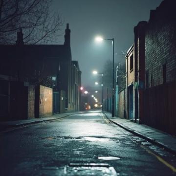 夜晚的街頭，曾經的車水馬龍已不復存在，只剩下孤零零的路燈和寂靜的建筑