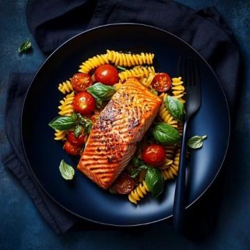陽光下的四道美味佳肴：香煎三文魚、蒜香橄欖油意面、烤蔬菜沙拉與芒果椰奶布丁的制作分享