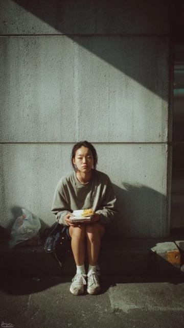 女孩路邊吃炒飯遇到流浪漢，她的反應溫暖人心