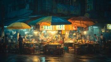 夜幕低垂，龍祥美食街漸漸披上了它獨有的璀璨外衣,霓虹燈交織成一幅幅絢麗的畫卷