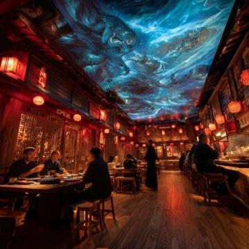 夜幕低垂，龍祥美食街漸漸披上了它獨(dú)有的璀璨外衣,霓虹燈交織成一幅幅絢麗的畫(huà)卷