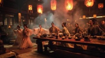 紅樓夢第四十一回：劉姥姥與林黛玉、司馬相如等人一同用餐時飲酒。