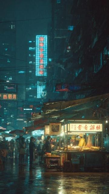 夜幕低垂，龍祥美食街漸漸披上了它獨(dú)有的璀璨外衣,霓虹燈交織成一幅幅絢麗的畫(huà)卷