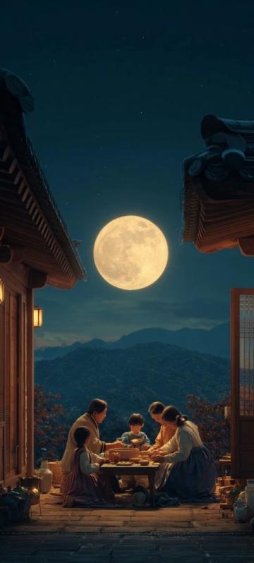 月圓之夜,家人團聚的喜慶氛圍。